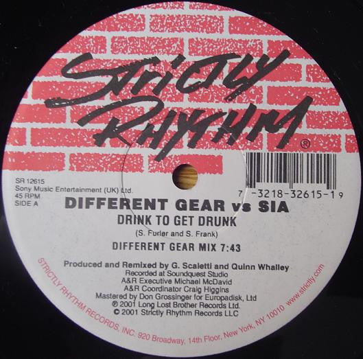 Image of Back Cover of 4615654C: 12" - DIFFERENT GEAR VS. SIA, Drink To Get Drunk (Strictly Rhythm; SR 12615, US 2001, Stickered Plain Sleeve) Opened instore, still in shrink. Some very light storage marks on disc.  EX/VG+