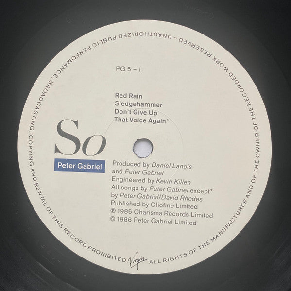 Image of Label Cover of LP - VG+/VG - PETER GABRIEL, So (Charisma; PG 5, UK 1986, Inner, TOWNHOUSE / COPPERMAN Runouts), ,  - 1726370E