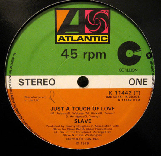 Image of Front Cover of 2614439C: 12" - SLAVE, Just A Touch Of Love / Shine (Atlantic; K 11442(T), UK 1979, Company Sleeve)   VG/G+