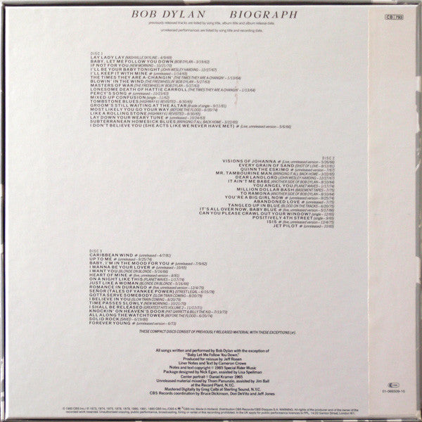 Image of Back Cover of 4715055C: CD - BOB DYLAN, Biograph (CBS; CDCBS 66509, UK & Europe 1991 Reissue, Box Set, 2 Booklets, Columbia Discs) Clean discs, Nice box, Just a few small marks to box, With Sony PROMO sticker on box  VG/VG+