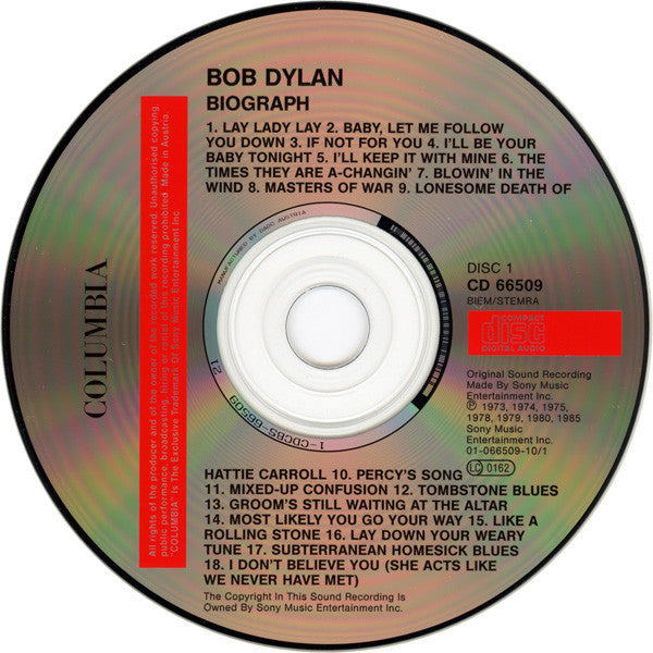 Image of Label Cover of 4715055C: CD - BOB DYLAN, Biograph (CBS; CDCBS 66509, UK & Europe 1991 Reissue, Box Set, 2 Booklets, Columbia Discs) Clean discs, Nice box, Just a few small marks to box, With Sony PROMO sticker on box  VG/VG+