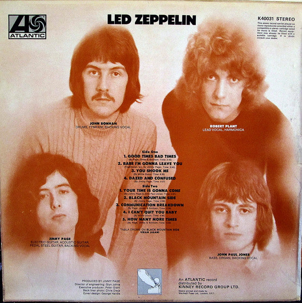 Image of Back Cover of LP - VG/G+ - LED ZEPPELIN, Led Zeppelin (Atlantic Green & Orange; K40031, UK 1972 Reissue, Laminated Sleeve, Crossover pressing, 2 Matrix Numbers In Each Run Out, No Pete Norman Credit), Lots of surface hairlines, Sleeve lightly worn,  - 3716209C