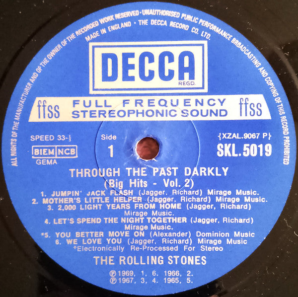 Image of Label Cover of 4715070C: LP - THE ROLLING STONES, Through The Past, Darkly (Big Hits Vol. 2) (Decca; SKL 5019, UK 1970s Reissue, Square Sleeve With Indicator Hole, BIEM/NCB Boxed, Hyphen in Speed Indicator on Labels)   VG/VG