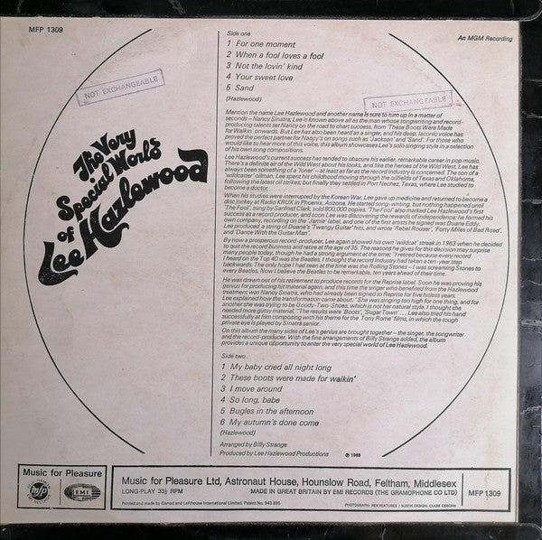 Image of Back Cover of 4745151S: LP - LEE HAZLEWOOD, The Very Special World Of Lee Hazlewood (Music For Pleasure; MFP 1309, UK 1969 Reissue, Laminated Flipback Sleeve, Company Inner, Without "SOLD IN U.K..." on Labels) Edge wear and creasing. Clean disc.  VG/VG+