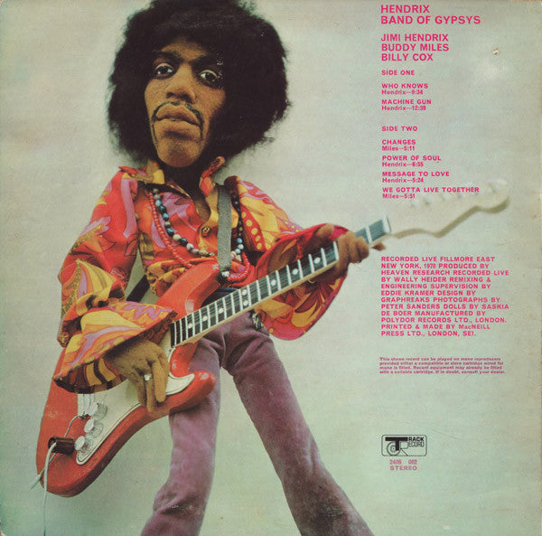 Image of Back Cover of 4725171E: LP - HENDRIX, Band Of Gypsys (Track Record; 2406 002, UK 1970, Puppet sleeve) Vinyl is strong VG - a few very light hairlines only. Sleeve has edgewear, a little staining on rear, hint of ringwear.   VG/VG
