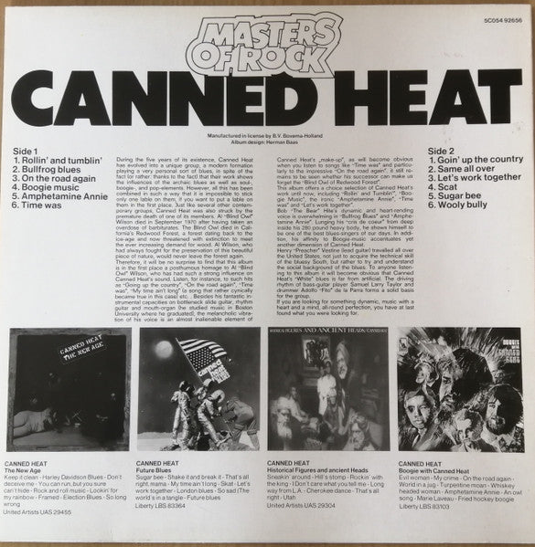 Image of Back Cover of 4715243C: LP - CANNED HEAT, Masters Of Rock (Liberty; 1A 054-92656, Netherlands 1980s, STEMRA Only on Labels) Conifer Import Sticker   VG/VG