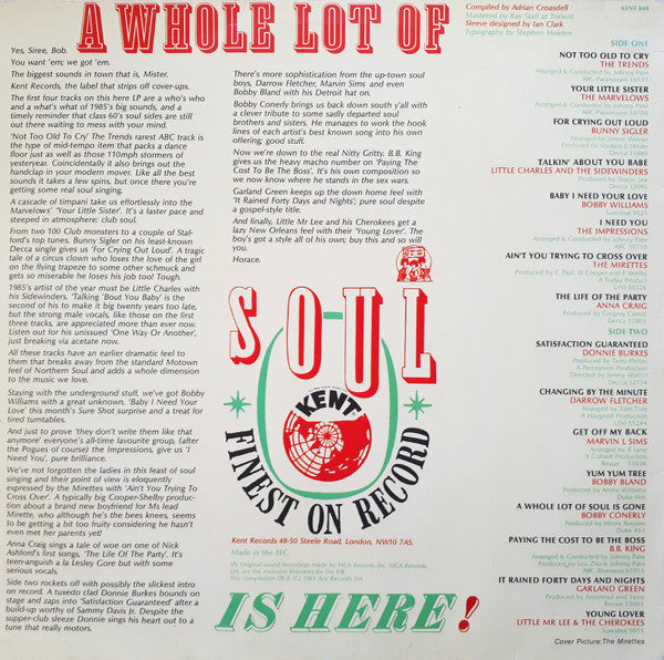 Image of Back Cover of 4725175E: LP - VARIOUS, A Whole Lot Of Soul Is Here! (Kent Records; KENT 048, Europe 1985)   VG/VG