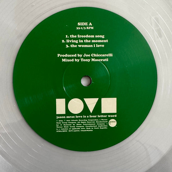 Image of Label Cover of 4745279S: LP - JASON MRAZ, Love Is A Four Letter Word (Atlantic; RCV1 530701, Worldwide 2023, Limited Edition, Clear)   EX/EX
