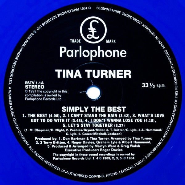 Image of Label Cover of 4715258C: 2xLP - TINA TURNER, Simply The Best (Parlophone; 50541976545709, Europe 2024 Reissue, Gatefold, 2 Inners, Blue Vinyl) Still In Opened Shrinkwrap With Hype Sticker  EX/VG