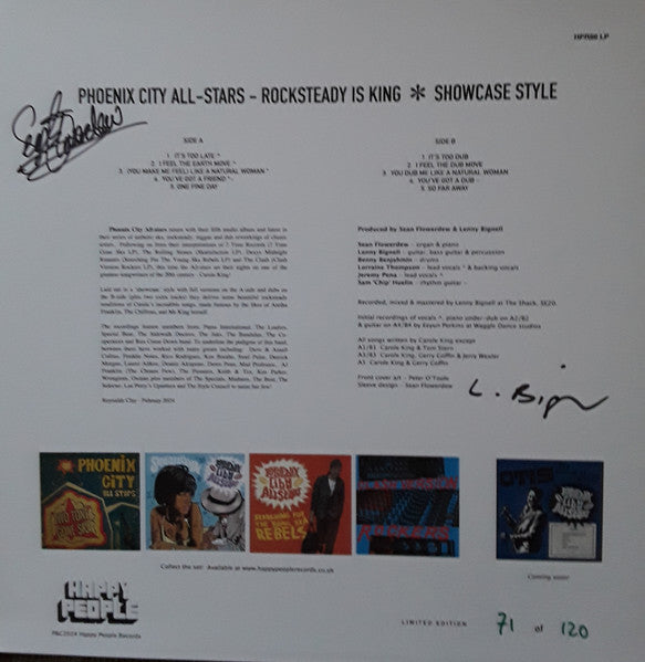 Image of Back Cover of 4745256S: LP - PHOENIX CITY ALL-STARS, Rocksteady Is King (Happy People; HPR86 LP, UK 2024, Hand Numberd, Ltd to 200, signed by Sean Flowerdew and Lenny Bignell) No. 04  VG+/VG+