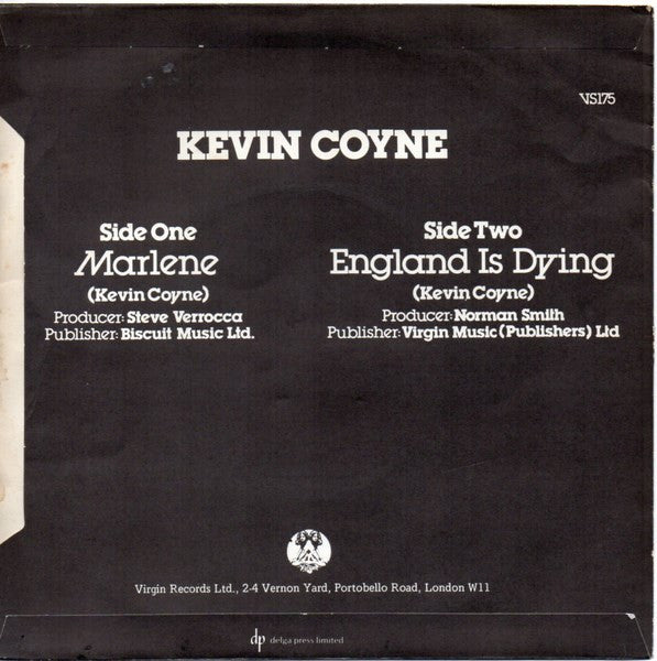 Image of Back Cover of 7" - VG/VG - KEVIN COYNE, Marlene (Virgin; VS 175, UK 1977, Picture Sleeve), Little bit of mottling to disc, Pretty glossy, Pen mark on fornt of sleeve,  - 4715278C