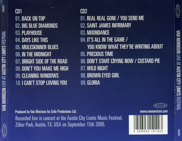 Image of Back Cover of 4755139S: 2xCD - VAN MORRISON, Live At Austin City Limits Festival (Exile ; EXILECD1, US 2006)   VG+/VG+
