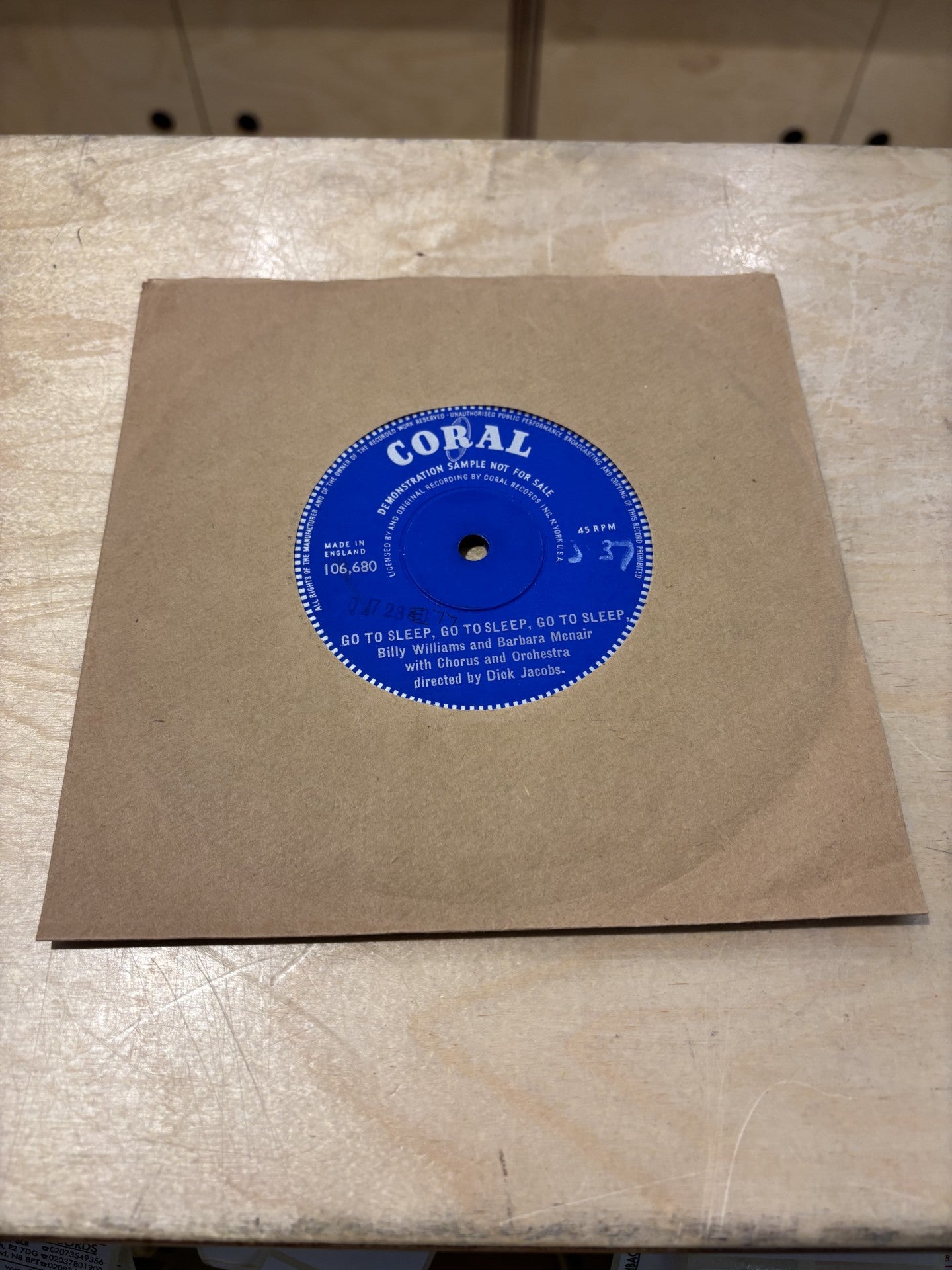 Image of Back Cover of 4715283C: 2x7" - BILLY WILLIAMS & BARBARA MCNAIR, Telephone Conversation / Go To Sleep, Go To Sleep, Go To Sleep (Coral; 106,680, UK 1959, DEMONSTRATION SAMPLE NOT FOR SALE., Single Sided, Solid Centres) DEMO 2X7" VINYL, SEE FLASHBACK WEBSITE FOR PHOTOS, Clean Discs  /VG+