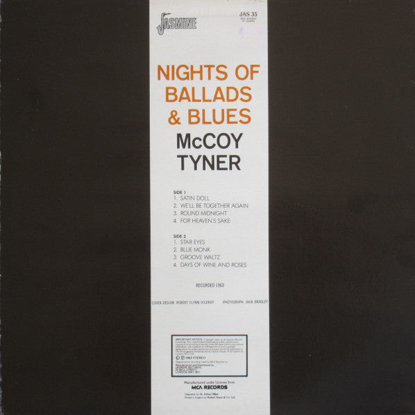 Image of Back Cover of LP - VG/VG+ - MCCOY TYNER, Nights Of Ballads and Blues (Jasmine; JAS 35, UK 1980s Reissue, Stereo), ,  - 3426102E
