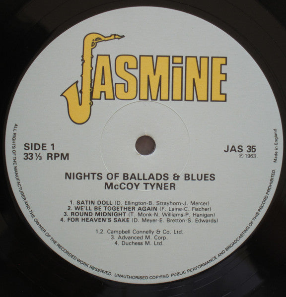 Image of Label Cover of LP - VG/VG+ - MCCOY TYNER, Nights Of Ballads and Blues (Jasmine; JAS 35, UK 1980s Reissue, Stereo), ,  - 3426102E