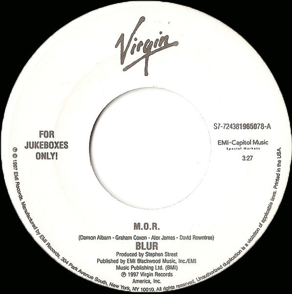 Image of Front Cover of 5015268S: 7" - BLUR, M.O.R. / Look Inside America (Virgin; S7-724381965078, US 1997, Jukebox, Plain Sleeve) Strong VG  /VG