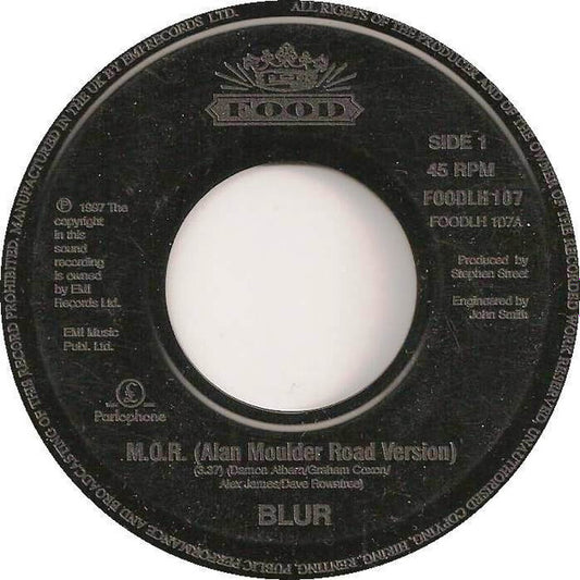 Image of Front Cover of 4713835C: 7" - BLUR, M.O.R. / Parklife (Food Large Centre; FOODLH 107, UK 1997, Jukebox Title Strip, Jukebox) Strong VG, With nice preforated title strip  /VG