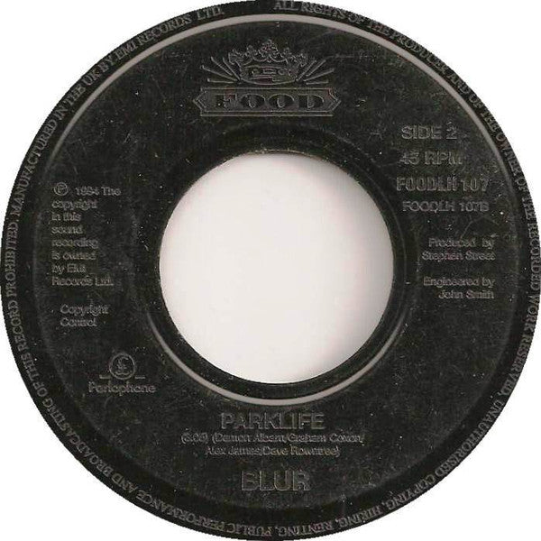 Image of Back Cover of 4713835C: 7" - BLUR, M.O.R. / Parklife (Food Large Centre; FOODLH 107, UK 1997, Jukebox Title Strip, Jukebox) Strong VG, With nice preforated title strip  /VG