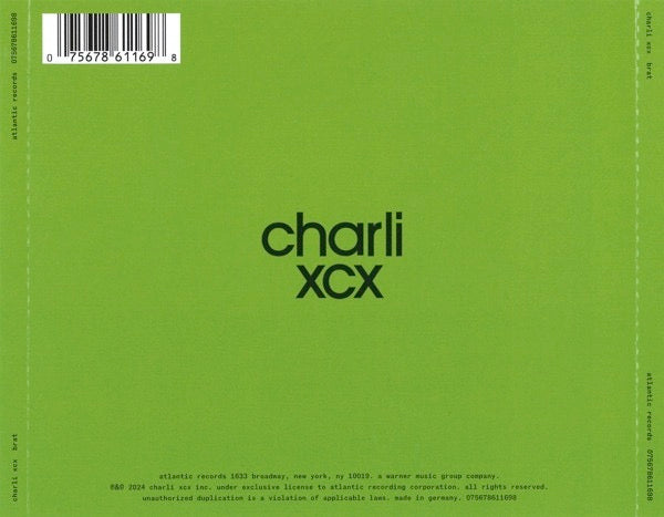 Image of Back Cover of CD - NEW/NEW - CHARLI XCX, Brat (Atlantic; 0075678611698, Europe 2024, Jewel Case, 16 Page Booklet), ,  - 3416244C