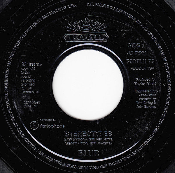 Image of Front Cover of 4715387C: 7" - BLUR, Stereotypes (Food Large Centre; FOODLH 73, UK 1996, Jukebox) Light Marks only.  /G+
