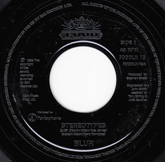 Image of Front Cover of 4715387C: 7" - BLUR, Stereotypes (Food Large Centre; FOODLH 73, UK 1996, Jukebox) Light Marks only.  /G+