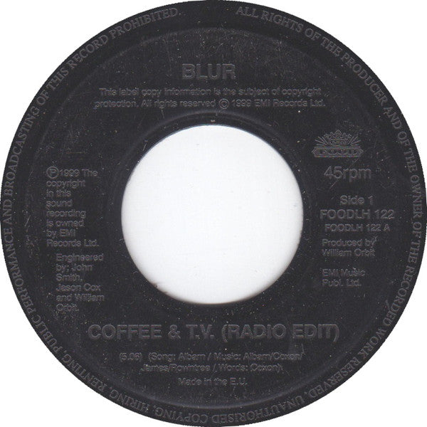 Image of Front Cover of 4715390C: 7" - BLUR, Coffee & T.V. / Bugman (Food Large Centre; FOODLH 122, UK 1999, Jukebox) Side A is VG, Side B is a bit G with light streaky marks  /G+