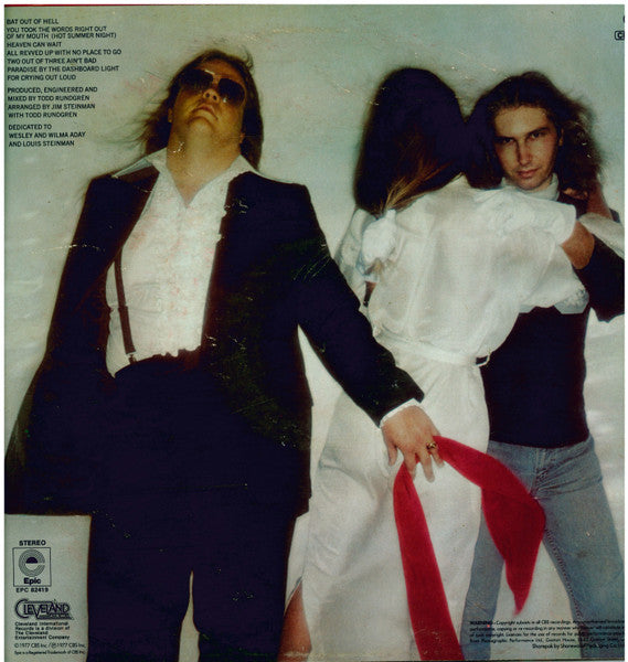 Image of Back Cover of 4725242E: LP - MEAT LOAF, Bat Out Of Hell (Epic; EPC 82419, UK 1979 Reissue, Insert, Blue/Yellow Epic labels, S EPC 82419 on labels) Creasing/water damage to sleeve corner.    VG/VG+