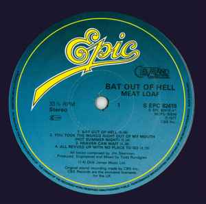 Image of Label Cover of 4725242E: LP - MEAT LOAF, Bat Out Of Hell (Epic; EPC 82419, UK 1979 Reissue, Insert, Blue/Yellow Epic labels, S EPC 82419 on labels) Creasing/water damage to sleeve corner.    VG/VG+