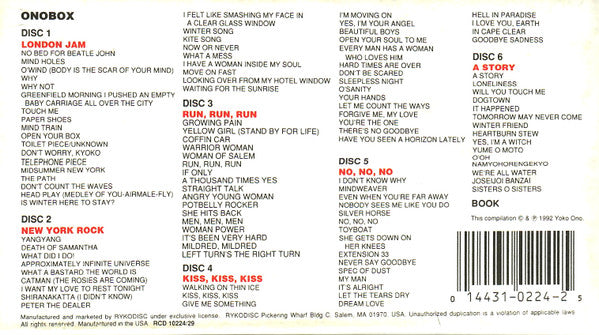 Image of Back Cover of 6xCD - G+/EX - YOKO  ONO, Onobox (Rykodisc; RCD 10224/29, US 1992, Box Set, Booklet), outer box is grubby but the rest of the set is clean,  - 2536303E