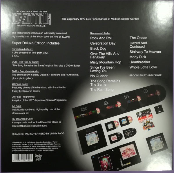 Image of Back Cover of 4735186E: 4xLP - LED ZEPPELIN, The Soundtrack From The Film The Song Remains The Same (Swan Song; 0603497859405, Europe 2018, Box Set, 28-page booklet, Numbered, 3xCD, 2xDVD, 20-page Replica of 1977 Japanese Cinema Programme, Produced by Jimmy Page)   NEW/NEW