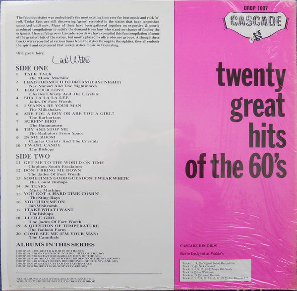 Image of Back Cover of LP - VG/VG - VARIOUS, 20 Great Hits Of The 60's (Cascade Records; DROP 1007, UK 1984), Scuffs, hairlines. Edge wear, creasing.,  - 4725273E