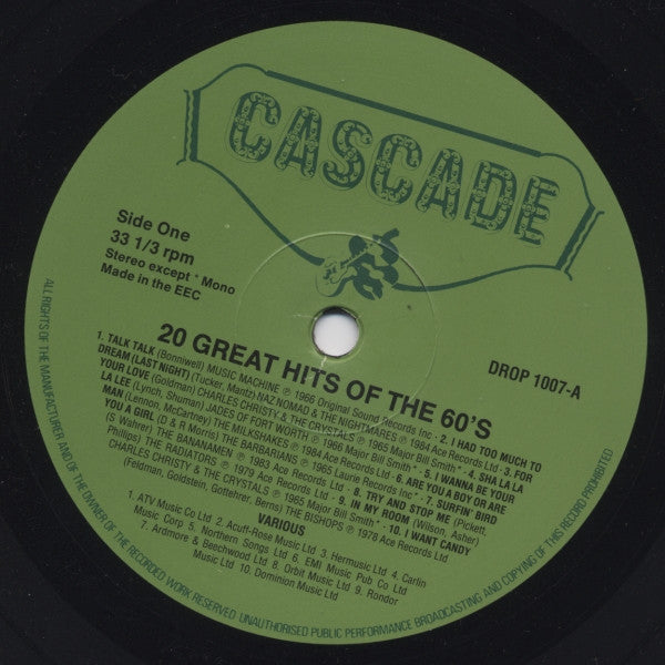 Image of Label Cover of LP - VG/VG - VARIOUS, 20 Great Hits Of The 60's (Cascade Records; DROP 1007, UK 1984), Scuffs, hairlines. Edge wear, creasing.,  - 4725273E