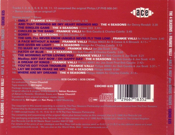 Image of Back Cover of CD - VG+/VG - THE 4 SEASONS & FRANKIE VALLI, Half & Half (Ace; CDCHD635, UK 1996, Jewel Case), ,  - 4715508C