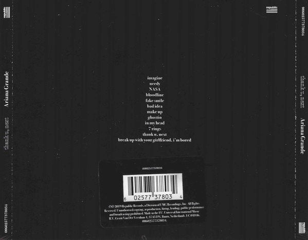 Image of Back Cover of CD - NEW/NEW - ARIANA GRANDE, Thank U, Next (Republic Records; 7737803, Europe 2019, Jewel Case), ,  - 1836064E