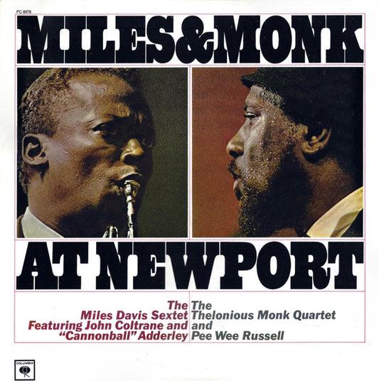 Image of Front Cover of 4745445S: LP - THE MILES DAVIS SEXTET FEATURING JOHN COLTRANE AND "CANNONBALL" ADDERLEY / THE THELONIOUS MONK QUARTET AND PEE WEE RUSSELL, Miles & Monk At Newport (Columbia; PC 8978, US Reissue, G2A/G1A etched matrices) edge creases, feint ring wear  VG/VG+