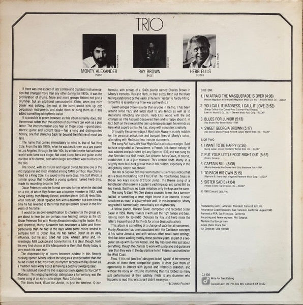 Image of Back Cover of LP - VG/G+ - MONTY ALEXANDER / RAY BROWN / HERB ELLIS, Trio (Concord Jazz; CJ-136, US 1981), Light marks, close to VG. Light wear and sticker ghost top right.,  - 3016108C