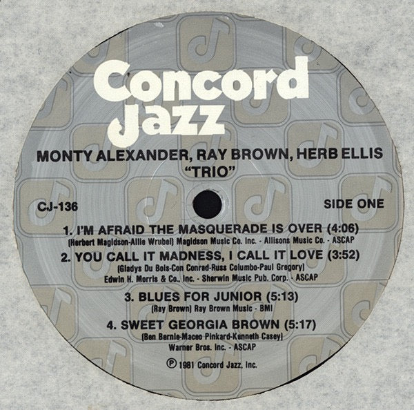 Image of Label Cover of LP - VG/G+ - MONTY ALEXANDER / RAY BROWN / HERB ELLIS, Trio (Concord Jazz; CJ-136, US 1981), Light marks, close to VG. Light wear and sticker ghost top right.,  - 3016108C