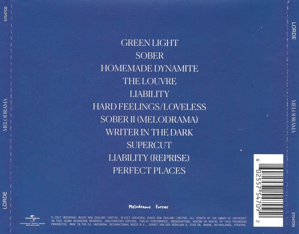 Image of Back Cover of CD - NEW/NEW - LORDE, Melodrama (Universal Music Group New Zealand; 5754709, Europe 2017, Jewel Case), ,  - 1036252E