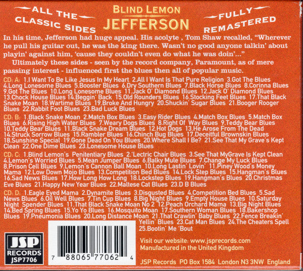 Image of Back Cover of 4xCD - VG+/VG+ - BLIND LEMON JEFFERSON, The Complete 94 Classic Sides Remastered (JSP Records; JSP7706, Europe 2016, Box Set), ,  - 4855001S