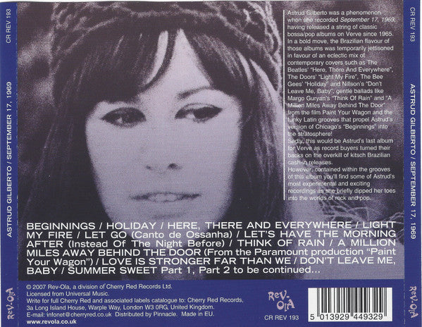 Image of Back Cover of CD - VG+/VG+ - ASTRUD GILBERTO, September 17, 1969 (Rev-Ola; CR REV 193, UK 2007, Jewel Case), ,  - 4835029E