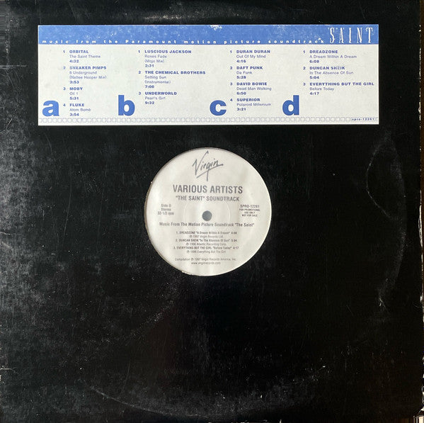 Image of Front Cover of 2xLP - VG/G+ - VARIOUS, The Saint (Music From The Paramount Motion Picture Soundtrack) (Virgin; SPRO-12261, US 1997, Promo, Stickered Plain Sleeve, David Bowie, Underworld, Orbital, Chemical Brothers, Daft Punk), Light marks and hairlines, close to VG.,  - 2616547C