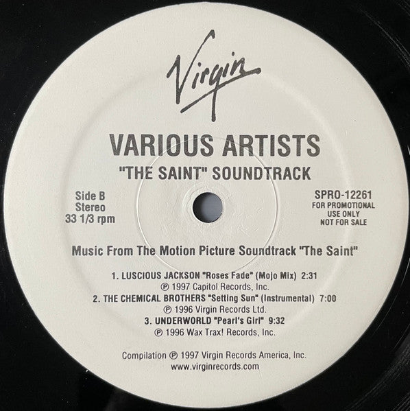Image of Label Cover of 2xLP - VG/G+ - VARIOUS, The Saint (Music From The Paramount Motion Picture Soundtrack) (Virgin; SPRO-12261, US 1997, Promo, Stickered Plain Sleeve, David Bowie, Underworld, Orbital, Chemical Brothers, Daft Punk), Light marks and hairlines, close to VG.,  - 2616547C