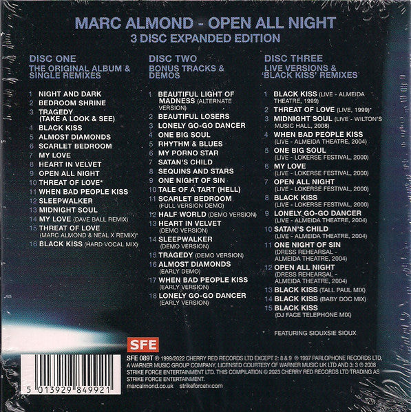 Image of Back Cover of 3xCD - VG+/VG - MARC ALMOND, Open All Night (Strike Force Entertainment; SFE 089T, UK & Europe 2023, Card Sleeve, 3 Inners), ,  - 4855228S