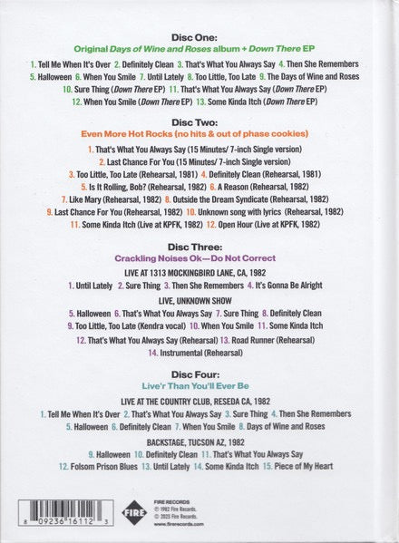 Image of Back Cover of 4815048C: 4xCD - THE DREAM SYNDICATE, History Kinda Pales When It And You Are Aligned (The Days Of Wine And Roses 40th Anniversary Edition) (Fire Records; FIRECD611, Worldwide 2023, Book Sleeve) Still In Opened Shrinkwrap  VG+/VG+