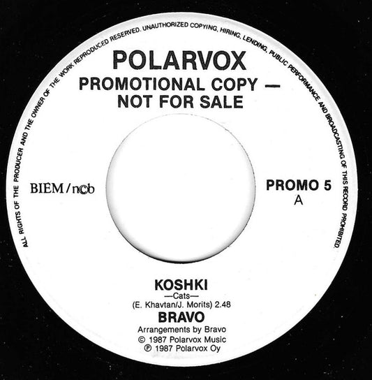 Image of Front Cover of 7" - VG+/VG+ - BRAVO, Koshki = Cats / Staryj Otelj = Old Hotel (Polarvox; PROMO 5, Finland 1987, Promo, Company Sleeve), ,  - 4855093S