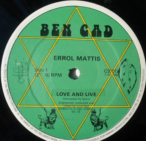 Image of Front Cover of 12" - /G+ - ERROL MATTIS, Love And Live / You're Gone (Ben Gad; CB 012,  1982, Company Sleeve), Light marks only, plays G+ with background noise.,  - 3846067S