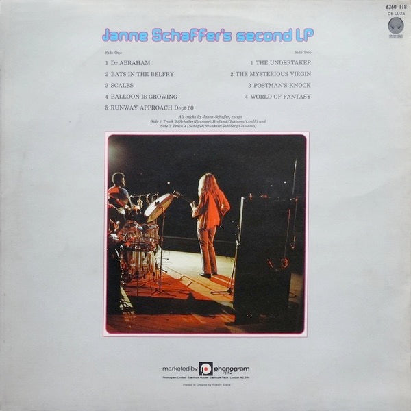 Image of Back Cover of 4815267C: LP - JANNE SCHAFFER, Janne Schaffer's Second LP (Vertigo; 6360 118, UK 1975, Laminated Sleeve) Some bubbling to laminate.  VG/VG