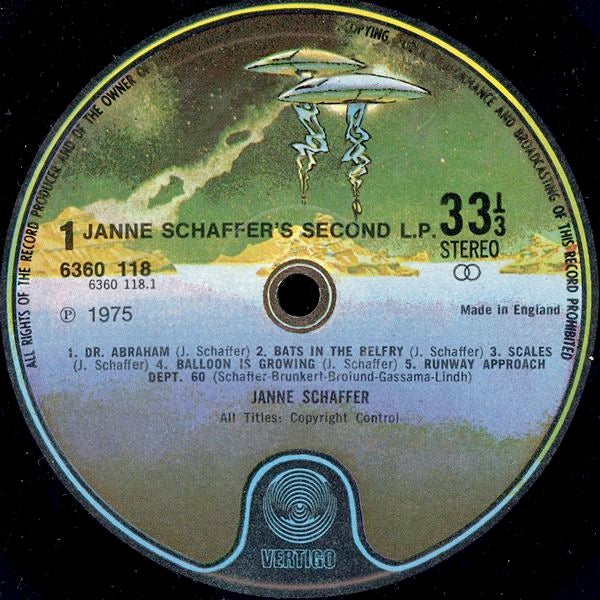 Image of Label Cover of 4815267C: LP - JANNE SCHAFFER, Janne Schaffer's Second LP (Vertigo; 6360 118, UK 1975, Laminated Sleeve) Some bubbling to laminate.  VG/VG