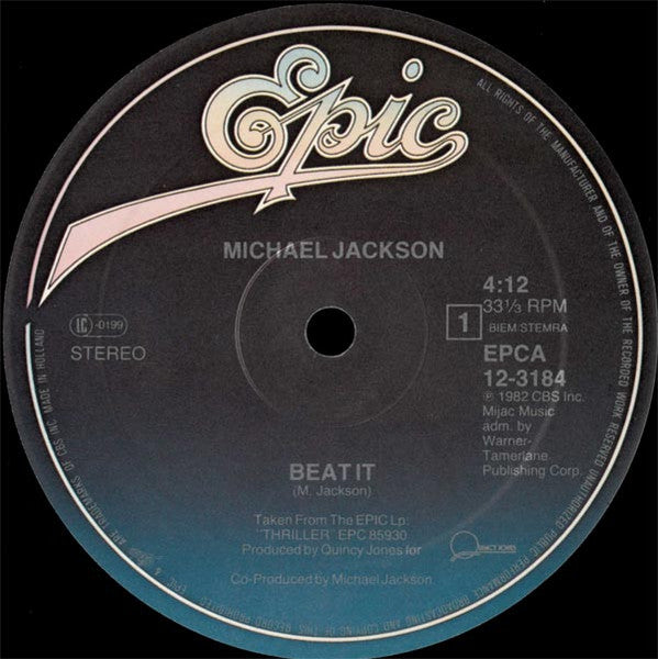 Image of Label Cover of 4815261C: 12" - MICHAEL JACKSON, Beat It (Epic; EPCA 12-3184, Europe 1983, Picture Sleeve) Sleeve worn, creased, with scuffs. Evidence of old sticker on front. Light mottling too  VG/VG