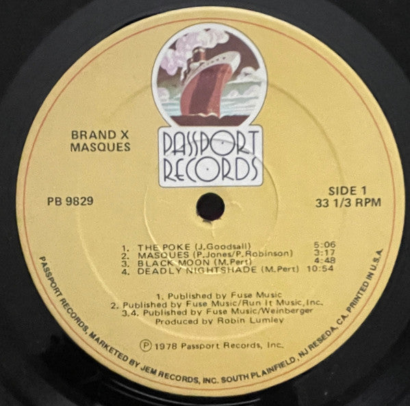 Image of Label Cover of 4815316C: LP - BRAND X, Masques (Passport Records; PB 9829, US 1978) Sleeve has bumped corner, notched cut-out at opening, some light wear too  VG/VG+